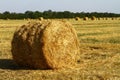 Hay Straw Bale With Shadow On Agricultural Field At Sunset Or Sunrise. Royalty Free Stock Photo