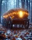 Hay Wagon with Warm Light in Misty Forest Royalty Free Stock Photo
