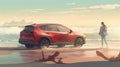 Hayao Miyazaki-style Illustration Of Girl On A Toyota Rav4 Amid Ocean