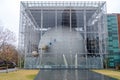 The Hayden Planetarium Building at New York City during rainy winter day, close-up