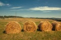 Hayfield. Hay harvesting Sunny autumn landscape. rolls of fresh dry hay in the fields. tractor collects mown grass. fields of Royalty Free Stock Photo