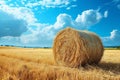 Hayfield serenity Landscape with a solitary hay bale under blue Royalty Free Stock Photo