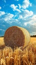 Hayfield serenity Landscape with a solitary hay bale under blue