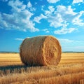 Hayfield serenity Landscape with a solitary hay bale under blue Royalty Free Stock Photo