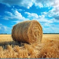 Hayfield serenity Landscape with a solitary hay bale under blue Royalty Free Stock Photo