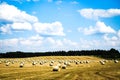 Haystack agriculture field landscape. Agriculture field hay stacks. Hay bale drying in the field at harvest time Royalty Free Stock Photo