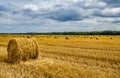 Haystack agriculture field landscape. Agriculture field haystacks. rural yellow field