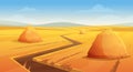 Haystack background. Rural village landscape farm wheat field with round and square stack on horizon exact vector