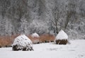 Haystack covered with snow in winter