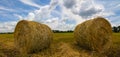 Haystack drying among wheat field after a harvest Royalty Free Stock Photo