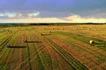 Haystack on field on blue sky background. Hay bale from residues grass. Hay stack for agriculture. Hay in rolls after combine Royalty Free Stock Photo