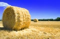 Haystack in the field after harvesting wheat in the high season with a hot summer Royalty Free Stock Photo