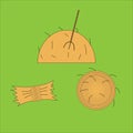 Haystack with fork, rolled haycock, and bale of hay