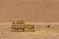 The haystack in front of dried wall made of soil and straw