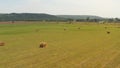 Haystack on a green field. Hay Bales On Field Against Sky. Haystacks in the field in summertime. Big hay bay rolls in a green Royalty Free Stock Photo