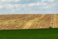 A haystack left in a field after harvesting grain crops. Harvesting straw for animal feed. End of the harvest season. Round bales Royalty Free Stock Photo