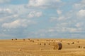 A haystack left in a field after harvesting grain crops. Harvesting straw for animal feed. End of the harvest season. Round bales Royalty Free Stock Photo