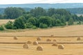 A haystack left in a field after harvesting grain crops. Harvesting straw for animal feed. End of the harvest season. Round bales Royalty Free Stock Photo