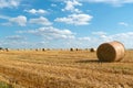 A haystack left in a field after harvesting grain crops. Harvesting straw for animal feed. End of the harvest season. Round bales Royalty Free Stock Photo
