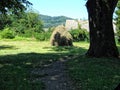 haystack near orchard.agricultural field in mountain area