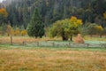 Haystack on pasture in autumn mountains. Valley of Carpathian mountains in morning fog. Sheaf of hay on the meadow in forest