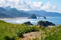Haystack rock from Ecola State Park with path in foreground Royalty Free Stock Photo
