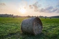 Rural landscape of Estonia. Haystack rolls on cropped grass field. Sunset and light fog. Royalty Free Stock Photo