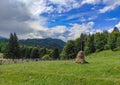 Haystack on alpine pasture in the Carpathian mountains Royalty Free Stock Photo