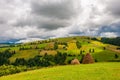 Haystacks on beautiful summer field in Carpathian mountain Royalty Free Stock Photo