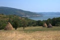 Haystacks fields iron gates danube river Royalty Free Stock Photo