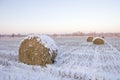 Haystacks on the frozen field Royalty Free Stock Photo