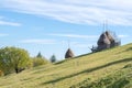 Haystacks on a grass hill. Farming theme Royalty Free Stock Photo