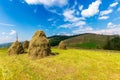 Haystacks on the grassy field on the hill Royalty Free Stock Photo