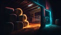 Haystacks sorted inside an agricultural modern warehouse in countryside. Night neon glowing illustration