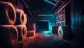 Haystacks sorted inside an agricultural modern warehouse in countryside. Night neon glowing illustration