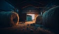 Haystacks sorted inside an agricultural modern warehouse in countryside. Night neon glowing illustration