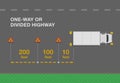 Hazard or warning triangle placement distance. Red breakdown triangle stands behind the broken truck on road side.