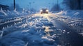 hazardous road conditions due to Icy Winter Weather, car driving during snowstorm on a winter night