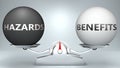 Hazards and benefits in balance - pictured as a scale and words Hazards, benefits - to symbolize desired harmony between Hazards