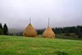 Haze, pine forest and two straw bales on the Carpathian Mountains Royalty Free Stock Photo