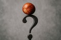 Hazel nut balancing on a metal question mark against a gray background in a creative setup Royalty Free Stock Photo