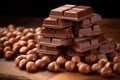 Hazelnut Chocolate, Stack of Pieces of Milk Chocolate with Whole Hazelnuts on Dark Background Closeup Royalty Free Stock Photo