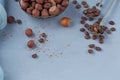 Hazelnut, coffee beans and cocoa powder in light blue background