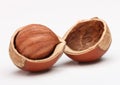 Hazelnut in cracked nutshell Royalty Free Stock Photo