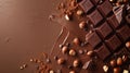 Hazelnut dark chocolate chunks on brown background