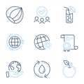 Hazelnut, Eco energy and Water glass icons set. Apple, Refill water and World weather signs. Vector