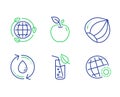 Hazelnut, Eco energy and Water glass icons set. Apple, Refill water and World weather signs. Vector