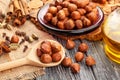 hazelnut group on wood Royalty Free Stock Photo