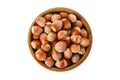 Hazelnut. Hazelnut isolated on white background. Top view. Nut hazelnuts in a wooden bowl. Isolate nuts. Royalty Free Stock Photo