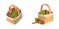 Hazelnut lies in a wooden basket on a white isolated background. Unpeeled hazelnuts in shell and green leaves Royalty Free Stock Photo